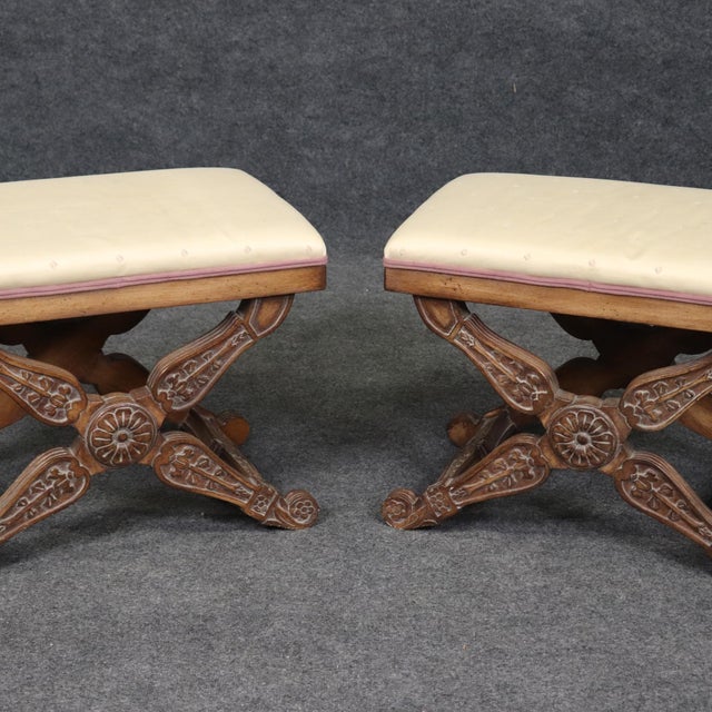 French Pair of Maison Jansen Style Carved Walnut X Form Stools Benches For Sale - Image 3 of 11