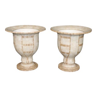 Pair Vintage Tessellated Travertine Campana Urns Planters For Sale