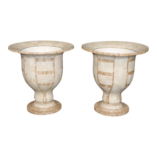 Pair Vintage Tessellated Travertine Campana Urns Planters For Sale