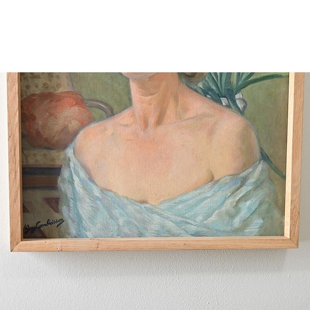 Postmodern French Vintage Portrait Painting of a Lady with Iris Signed Guy Combrisson For Sale - Image 3 of 8
