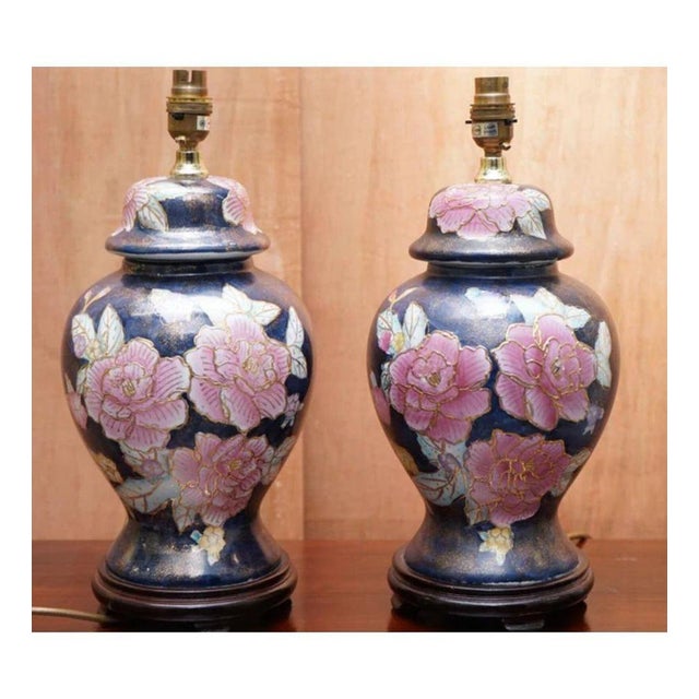 Vintage Navy Blue Floral Hand-Painted Lamps, 1960s, Set of 2 For Sale - Image 9 of 13