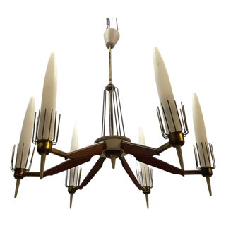 Vintage Italian Walnut Veneer and Opaline Glass Six-Light Chandelier, 1950s For Sale