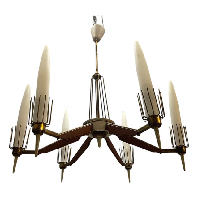Vintage Italian Walnut Veneer and Opaline Glass Six-Light Chandelier, 1950s For Sale