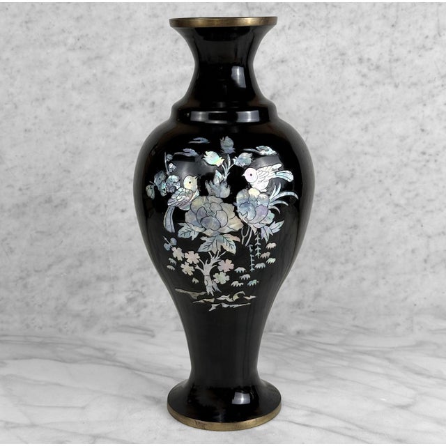 Vintage 14" Chinese Brass & Black Enamel Mother of Pearl Inlaid Vase For Sale - Image 4 of 11
