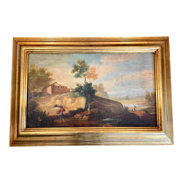 Venetian Landscape Oil Painting With Gilt Wood Frame- Made in Italy For Sale
