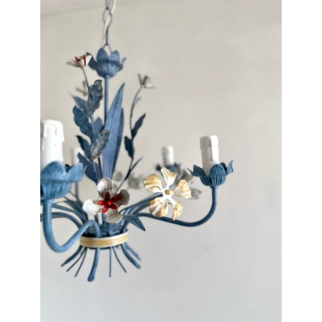 Hollywood Regency Vintage Floral Painted Steel Five-Light Chandelier from Lamparas Schuller, Spain, 1990s For Sale - Image 3 of 18