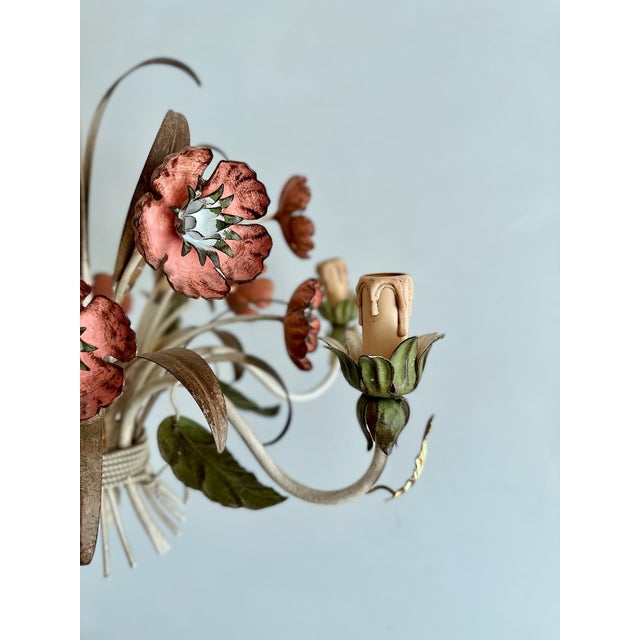 Vintage Passeri Florentine Floral Chandelier in Hand-Painted Wrought Iron, Italy, 1960s For Sale - Image 4 of 15