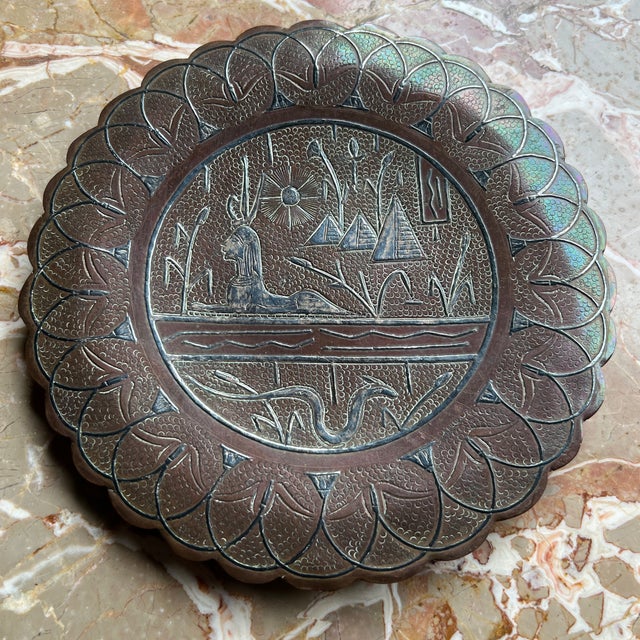 Metal 1953 Cairo Egypt Copper Inlaid Silver Wall Hanging For Sale - Image 7 of 7