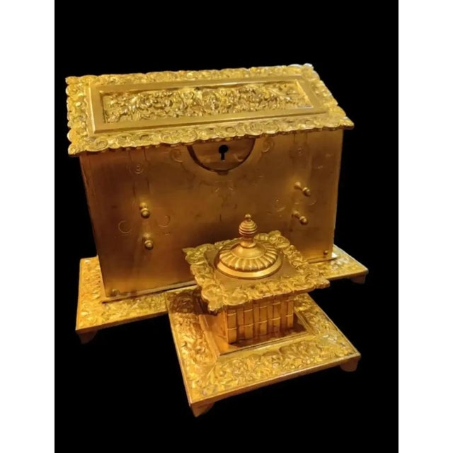 For your consideration. . . A magnificent and rare ornate french repousse gilt bronze/brass letterbox inkstand. This...