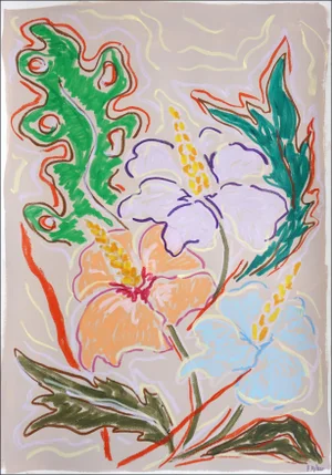 2025, Hibiscus Trio, Naturalistic Style Vertical Painting on Watercolor Paper by Romina Milano