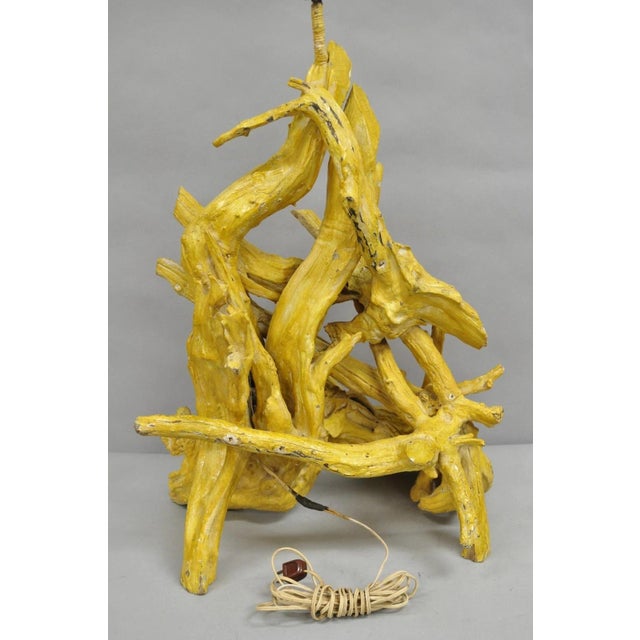 Vintage Mid Century Modern Large Driftwood Yellow Painted Tiki Room Table Lamp For Sale - Image 9 of 12