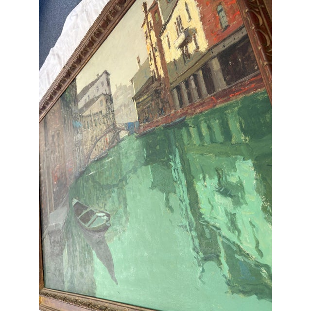 Turquoise Large Vintage Signed and Framed Painting on Canvas of Venice Canal For Sale - Image 8 of 17