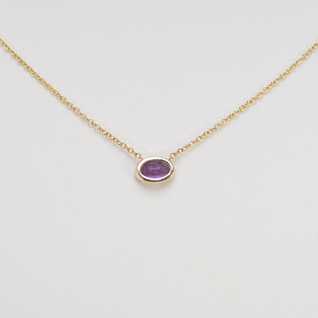 Metal Amethyst Necklace in Solid 14k Gold – Oval 6x4mm Bezel Set Gemstone Pendant For Sale - Image 7 of 9