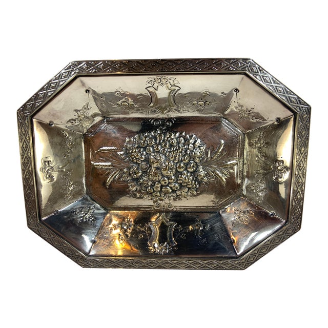 Vintage Footed Fruit Embossed Silver Plate Serving Dish For Sale