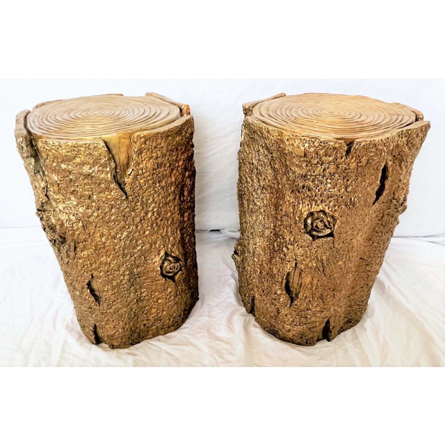 Vintage Goldtone Faux Bois Tree Trunk Stools- a Pair For Sale - Image 11 of 12
