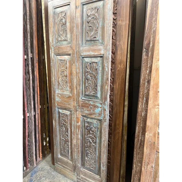Wood Vintage Carved Double Doors | Reclaimed Wood Hinged or Sliding Barn Doors 80 For Sale - Image 7 of 8