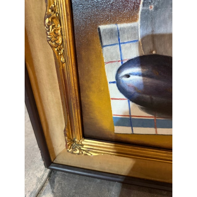 Encased in a gold accented frame with a linen liner. Rich and rustic still life by Vincenzo Errichiello dated 1976. Set...