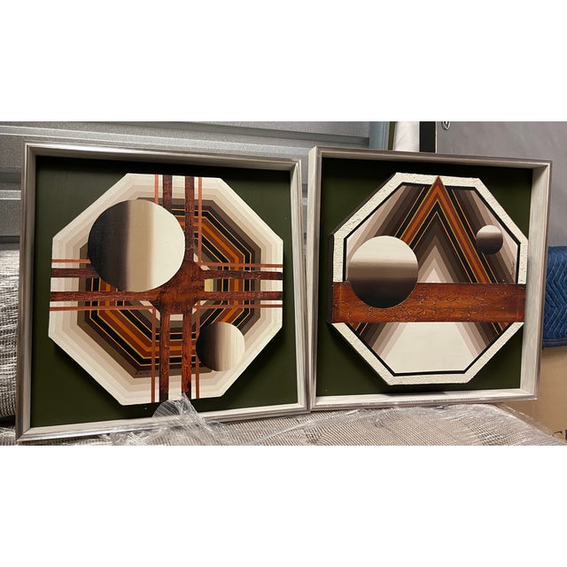 Mid-Century Modern 1970s Pair of Vintage Hand Painted Canvases Framed in New Shadow Boxes For Sale - Image 3 of 9