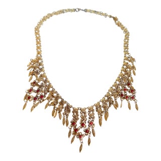 Vintage 1960s Gold Tone Etruscan Revival Fringe Bib Collar Necklace With Faux Coral Dangles For Sale