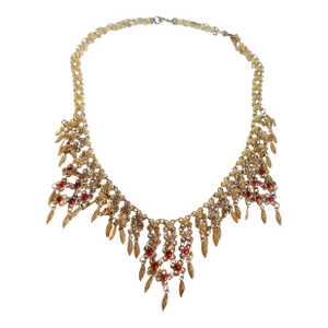 Vintage 1960s Gold Tone Etruscan Revival Fringe Bib Collar Necklace With Faux Coral Dangles