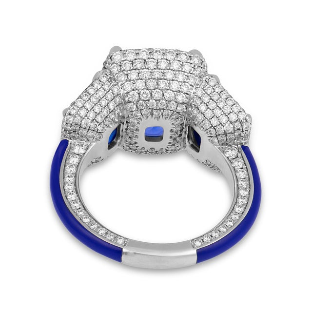 Lugano Gia 14.10 Carat Ceylon No Heat Sapphire Diamond Enamel 18k Gold Ring, Size 6.25 For Sale In Los Angeles - Image 6 of 8