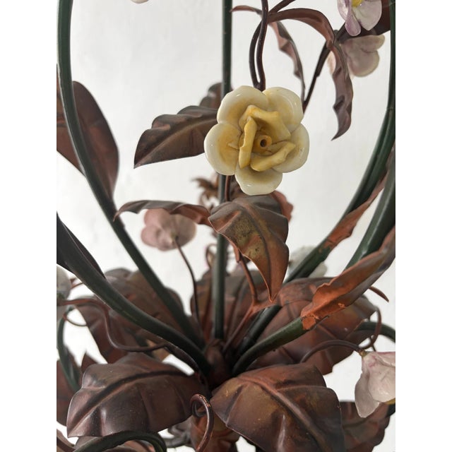 Italian Tole Porcelain Flowers Roses Gilt Metal Big Size C 1900 For Sale - Image 13 of 16