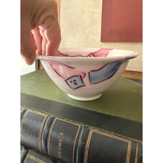 Abstract Vintage Studio Pottery Bowl 7.5 Inch Wheel Thrown Hand Painted Abstract Pink and Blue Ceramic For Sale - Image 3 of 9