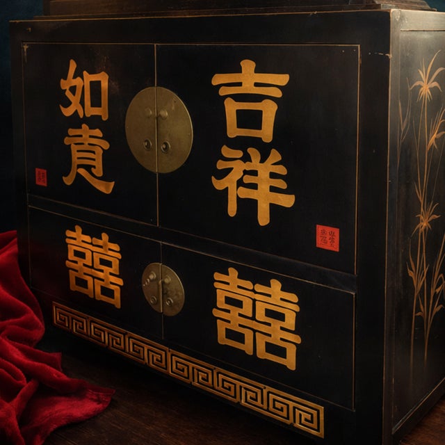 An exceptional late Qing Dynasty / early Republic period Chinese wedding cabinet, c. 1900. Constructed from solid Elm...