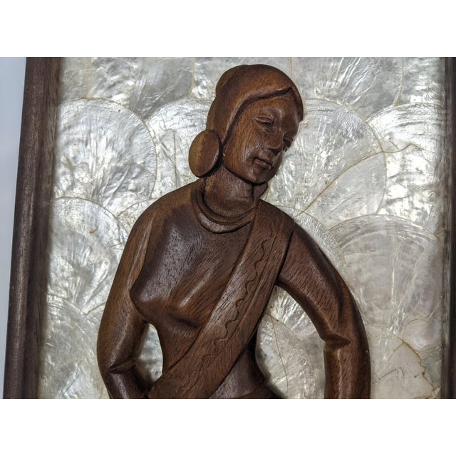 Wood Pair Mid-Century Modern Hand-Carved Wood Figural Relief Wall Panels on Shimmering Capiz Shell Grounds For Sale - Image 7 of 18