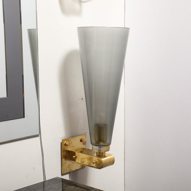 Modernist Conical Smoked Graphite Hand-Blown Murano Glass & Brass Sconces For Sale - Image 12 of 12