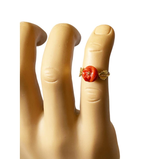 Vintage 18Kt Gold/ Coral Set of Earrings and Ring Size 4 For Sale - Image 9 of 9