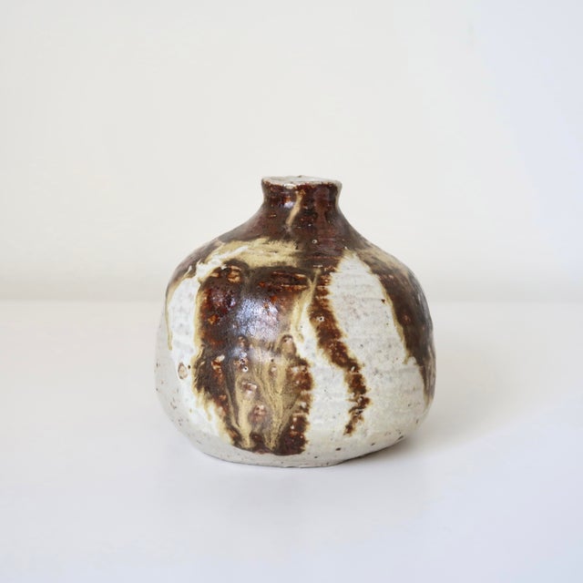 Wabi Sabi Studio Pottery Sculptural Rounded Bud Vase With Strokes of Mottled Brown & Ivory Drip Glaze For Sale - Image 15 of 16