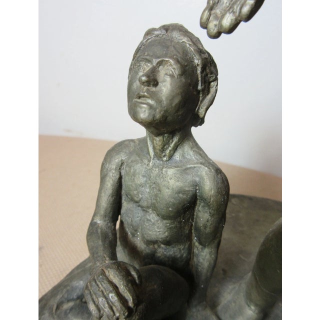 Vintage Original Handmade Signed Solid Lead Nude Lady Mom Children Figure Statue For Sale - Image 4 of 12