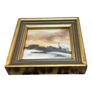 Original Miniature Landscape Watercolor by Kit Shoop Farm & Windmill For Sale