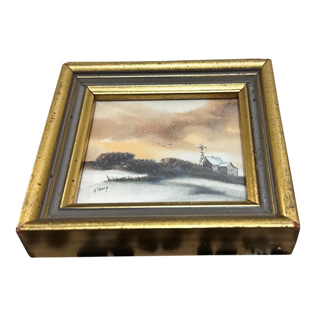 Original Miniature Landscape Watercolor by Kit Shoop Farm & Windmill For Sale