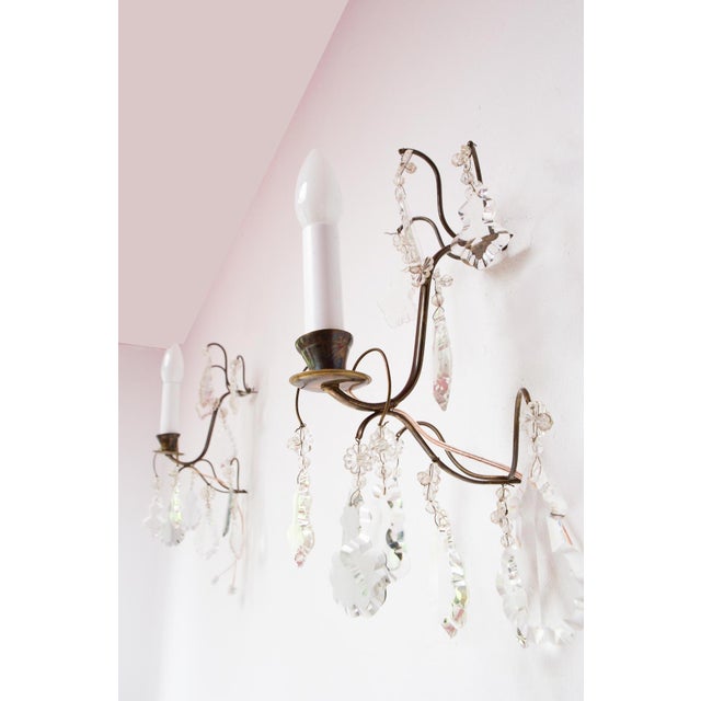 Swedish Patinated Brass and Crystal Wall Sconces, 1980s, Set of 2 For Sale - Image 4 of 8