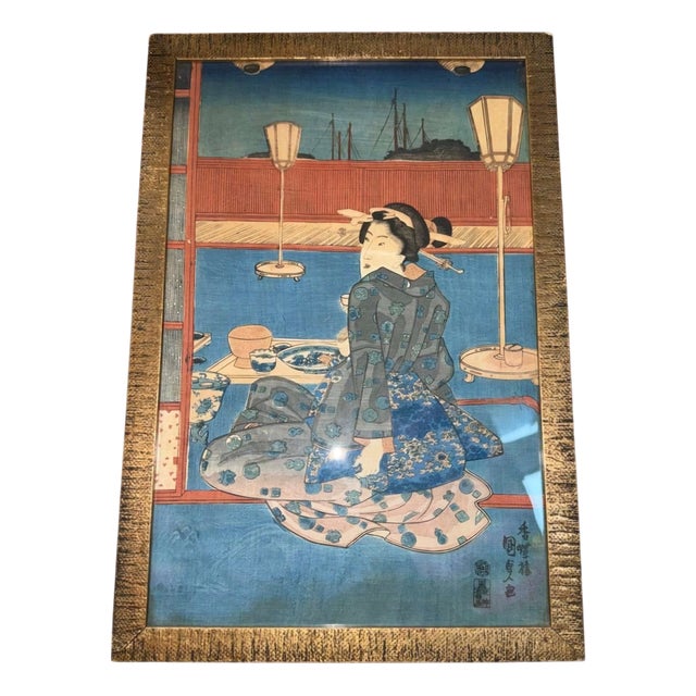 Kunisada, Woman on a Terrace Overlooking the Bay, Woodblock Print, 19th Century For Sale