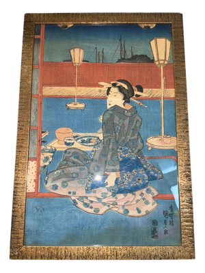 Kunisada, Woman on a Terrace Overlooking the Bay, Woodblock Print, 19th Century