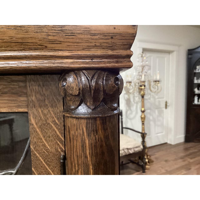 Arts & Craft Antique Oak Bookcase Double Doors Lead-Glass Tulips Claw Feet on Rollers For Sale - Image 10 of 12