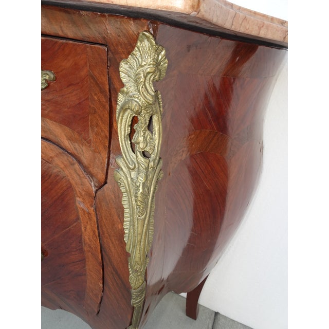 Vintage French Louis Vxi Marquetry Commode Bombe Side Table W Marble and Ormolu For Sale - Image 10 of 12