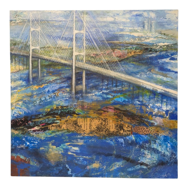 Dames Point Bridge, Abstract Expressionist, Mixed Media on Canvas, Marsha Glazière For Sale