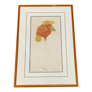 "Long Legs" Bird With Orange Feathers Signed Lithograph 20th C For Sale