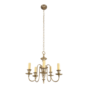Mid 20th Century Restored Colonial Five Arm Brass Chandelier