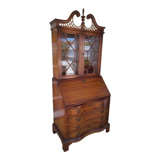 1940s Vintage Maddox Chippendale Style Serpentine Mahogany Drop Front Secretary Desk & Hutch For Sale