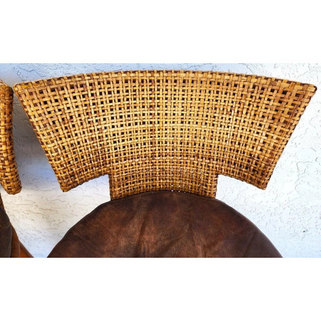 Kreiss Bamboo Barstools Leather Pair For Sale In Miami - Image 6 of 13