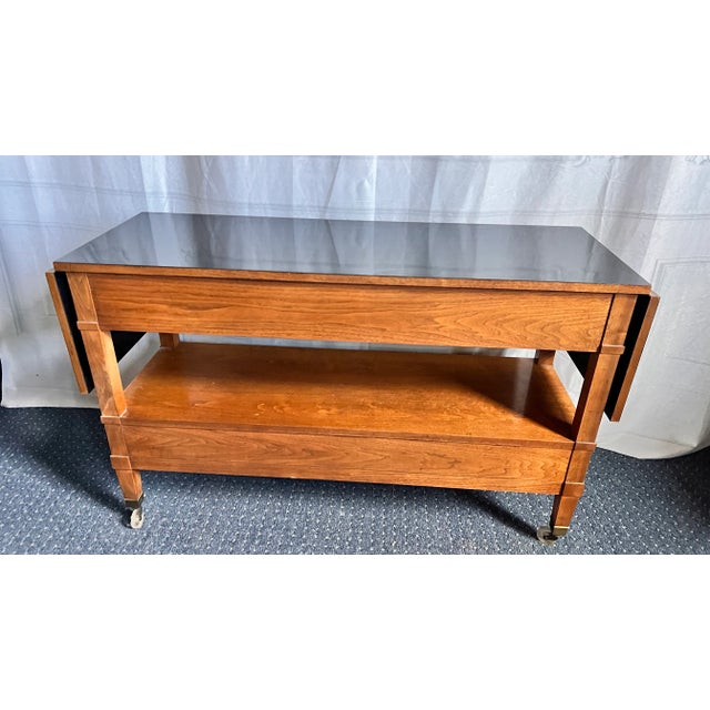 Wood 1960s Baker Milling Road Walnut Hollywood Regency Server Rolling Bar Cart Table For Sale - Image 7 of 9