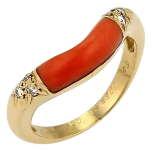 Cartier Diamond & Coral 18k Yellow Gold Stack Band Ring - Size 5