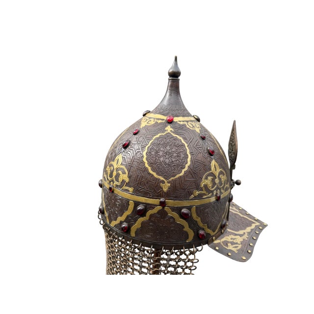 Jeweled Engraved Copper Helmet For Sale - Image 9 of 15