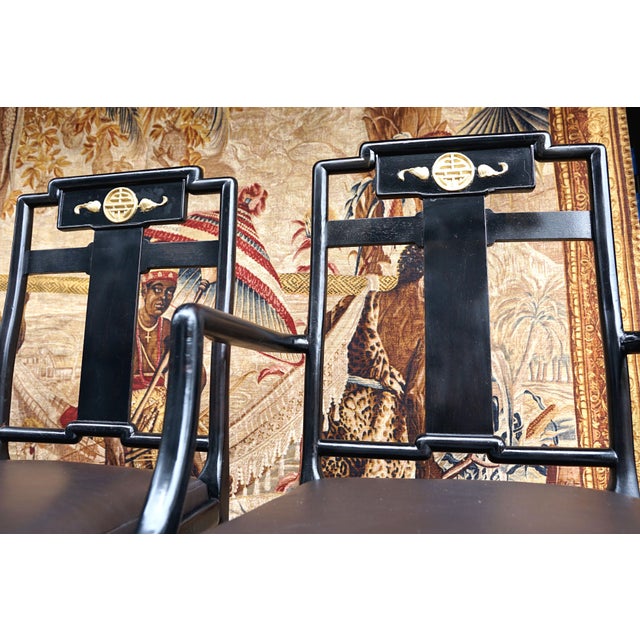 Wood Early 20th Century Black Lacquer Chinese Influence Charcoal Leather Dining Chairs- Set of 4 For Sale - Image 7 of 13