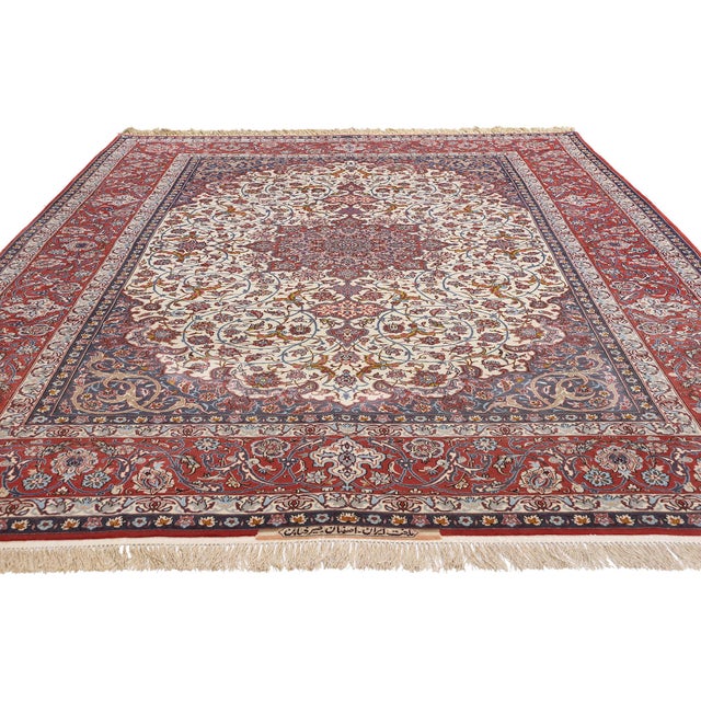 Neoclassical Signed Seirafian Vintage Ivory Persian Isfahan Rug - 06'09 X 10'06 For Sale - Image 3 of 10